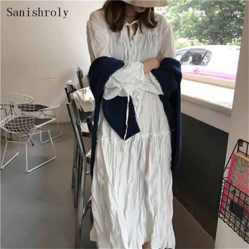 Sanishroly Spring Autumn Women Long Sleeve A-line Dress Casual Long Pleated Dress Female Tie Bow White Shirt Dress Vestidos S964