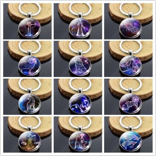 12 Zodiac Signs Keychain Aries Leo Sagittarius Capricorn Aquarius Doouble Face Glass Cabochon Pendant Keyring Birthday Gifts