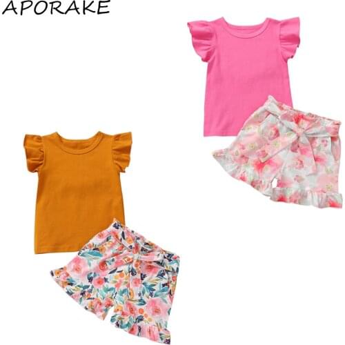2021 2-7Y Kids Baby Girls Summer Clothing Fly Sleeve Solid Color Tops T-shirt+Floral Print Bow Shorts Set Sweet 2pcs
