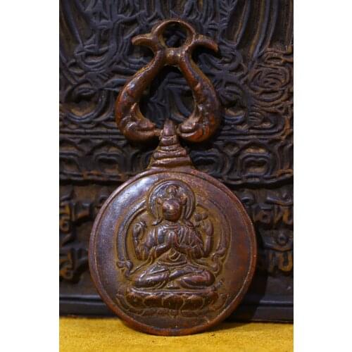 4"Tibet Buddhism Old Lima Bronze Four-armed Guanyin Bodhisattva Amulet Pendant Nine Palaces Bagua Exorcism Ward off evil spirits