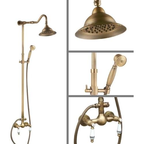Antique Brass Wall Mounted Bathroom Rain Shower Faucet Shower Head Set Mixer Tap Dual Ceramic Handles Levers man505