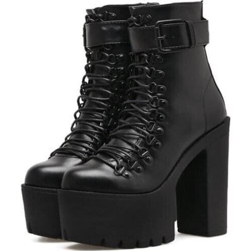 Fashion Motorcycle Boots Women Leather Spring Autumn Metal Buckle High Heels Shoes Zipper Black Ankle Boots Woman Lacing