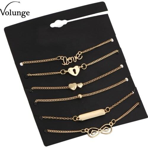 Volunge 2017 6Pcs/Set Chain Bracelet Jewelry Gold Color Alloy Infinity 8 Love Heart Pendant Bracelets Anklet Set Gift Jewelry