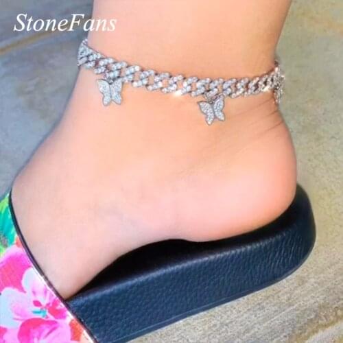 Stonefans New Iced Out Rhinestone Butterfly Cuban Anklet for Women Punk Hip Hop Pendant Cuban Link Anklet Wholesale Foot Jewelry