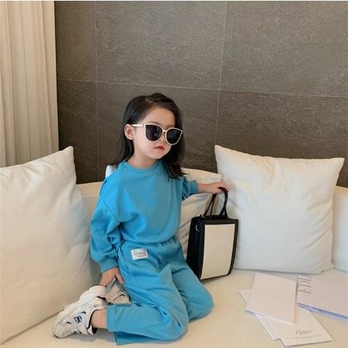 Childrens Suit 2021 Autumn New Childrens Sports Style Simple Leisure Boys and Girls Round Neck Solid Korean Two Piece Set
