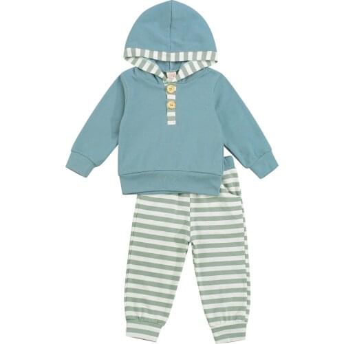 Autumn Fashion Baby Boys 2 Pcs Newborn Striped Outfits, Toddler Color Block Long Sleeve Hoodie + Trousers with Bowknot, Pockets