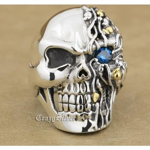 925 Sterling Silver Blue CZ Eye Skull Mens Biker Rocker Punk Ring 8V106 US Size 8~14