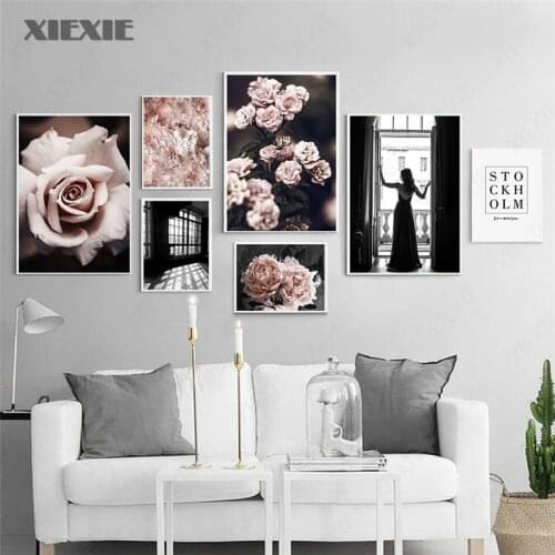 Wall Art Canvas Painting Retro Pink Rose Peony Flowers Jacket Girl Nordic Posters and Prints Wall Pictures for Living Room Decor