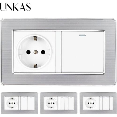 UNKAS EU Standard Wall Power Socket 146MM*86MM + 1 2 3 4 Gang 1 / 2 Way On / Off Light Switch Stainless Steel Panel Outlet