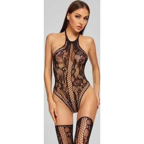 New Arrival Women Solid Color One-Piece Sexy Lingerie Hollow Fishing Net Deep V-Neck Halter Backless Lace Stockings Underwear