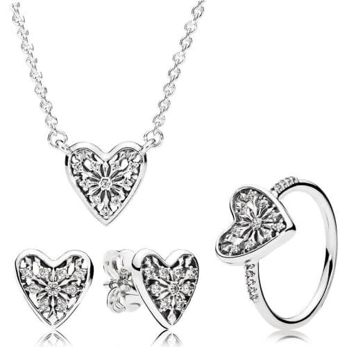 NEW 100% 925 Sterling Silver Original Hearts of Winter Earring Studs Ring Necklace Set CS1728 196371CZ 296368CZ 396370CZ