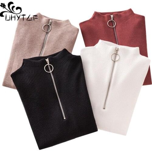 UHYTGF Zipper Turtleneck Solid Women Autumn Sweater Skinny Elastic Knitted Sweaters Ladies Long-Sleeved Pullover Tops Femme 559