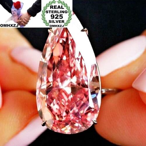 OMHXZJ Wholesale European Fashion Woman Girl Party Wedding Gift Luxury Pink Water Drop AAA Zircon 925 Sterling Silver Ring RR52