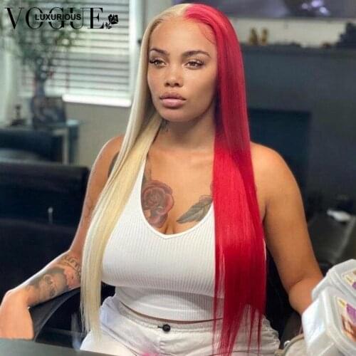 HD Lace Frontal Wig Preplucked Straight Lace Front Wig Half Blue Red Blonde Remy Brazilian Colored Human Hair Wigs For Women