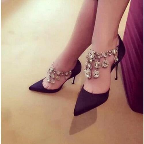 Luxury Red Satin High Heel Pumps Pointed Toe Crystal Ankle Strap Wedding Dress Shoes Thin Heels Cut-out Rhinestone Sandals