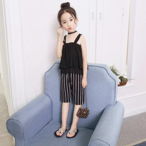 2018 Spring Summer Girls Korean Version Chiffon Shirt + Stripe Short Plate Suit Clothing Sets