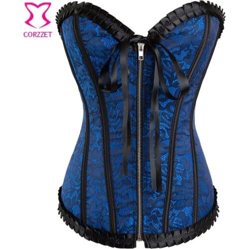 Blue/Black Floral Jacquard Overbust Corset Sexy Gothic Bustier Top Victorian Corsets and Bustiers Zipper Korsett For Women