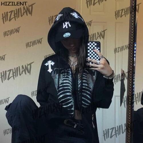 Rhinestone Skeleton cross Print Oversized Hoodies Female Zip Up Long Sleeve Womens Sweatshirt Y2K Autumn Winter Grunge clothing