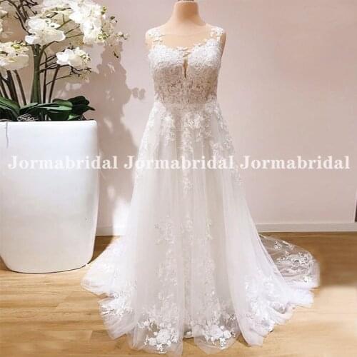 Plus Size Boho Wedding Dress Appliques Vestido de Noiva Sheer Scoop Neckline Tulle Bridal Gowns Backless Chapel Train Long Dress