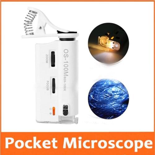 60X-100X Pocket Zoom Focus Adjustable Illuminated Universal mobile phone Clip Type Microscope LED Magnifying Glass Magnifier