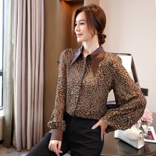 Print Chiffon Womens Blouse Casual Plus Size Polo Shirt New Summer Button Lady Blusas Korean Loose Long Sleeve Top Houthion