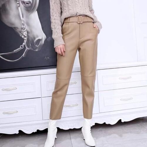 Trousers women 2021 korean style genuine leather high waist pants women plus size pencil pants ladies with belt