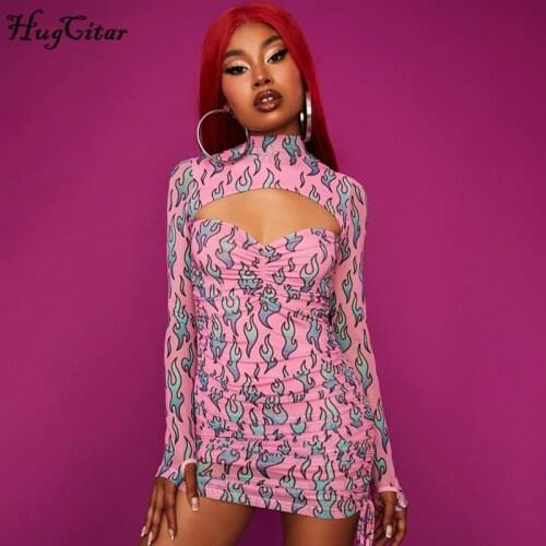 Hugcitar 2020 Long Sleeve Fire Print Cut Out Sexy Mini Dress Ruched Bandage Autumn Winter Women Fashion Bodycon Club Wear