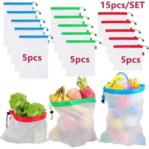 15pcs Reusable Polyester Mesh Produce Bag Fruit Vegetable Shopping Organize Bag Washable Durable Grocery Tote Carry Pouch Bag