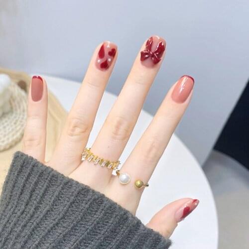 24pcs Love Heart Printed Nail Patch Pearl Inlaid Glue Type Removable Short Paragraph Fashion Manicure False Nail Patch