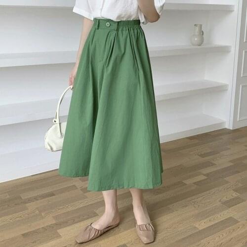 4 Colors Solid Mid-Calf Skirt Womens Summer 2021 New High Waist A-line Long Green Umbrella Skirt