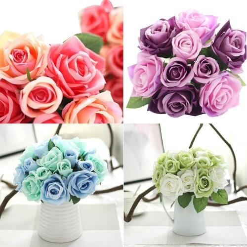 9 Heads Artificial Silk Fake Flowers Leaf Rose Wedding Floral Decor Bouquet Leaf Rose Wedding Floral L*5