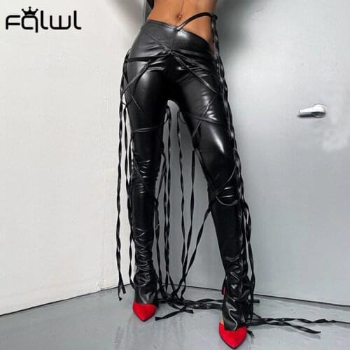 FQLWL Faux Pu Leather Pants High Waist Sexy Bodycon Stacked Pants Women Ladies Trousers Lace Up Bandage Fall 2020 Pants Female