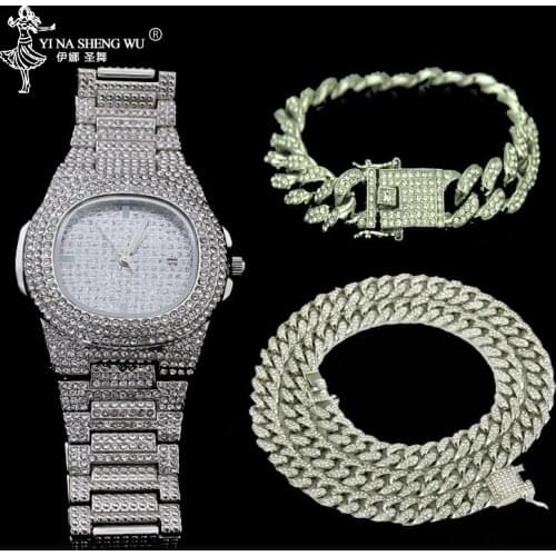 Necklace +Watch+Bracelet Set Hip Hop Miami Curb Cuban Chain Gold Color Full Iced Out Paved Rhinestones CZ Bling Jewelry For Men