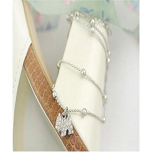 Full Shiny Crystal Puppy Dog Animal Pendant Double Beads Chains Silver Plated Anklets for Women