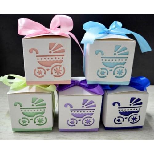 Laser Cut Baby Carriage Stroller Wedding Favor Candy Wrap Boxes Footprints Baby Shower Party Gift Bag Packaging ribbon Rope