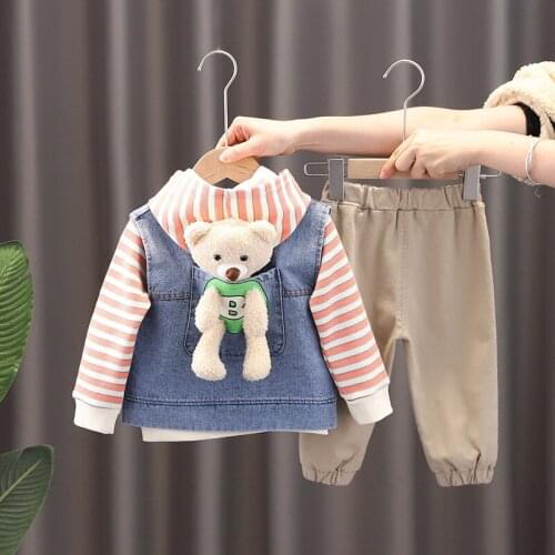 High-end Spring Autumn Kids Boy Girl Clothing Suit Tracksuit Sets Baby Hooded sweater+Denim jacket+ pants 3pcs Toddler Clothes