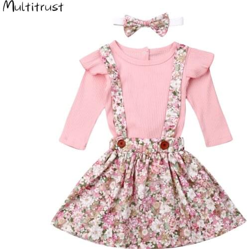 Autumn Newborn Kid Baby Girls Clothes Long Sleeve Casual Tops Romper Bodysuit + Floral Bib Skirt Outfits Set 3PCS