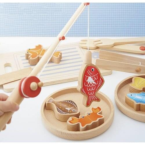 MamimamiHome Baby Beech Wooden Kitchen Toys Childrens Magnetic Fishing Toy Role Play Family Fishing Game Kitchen Toys