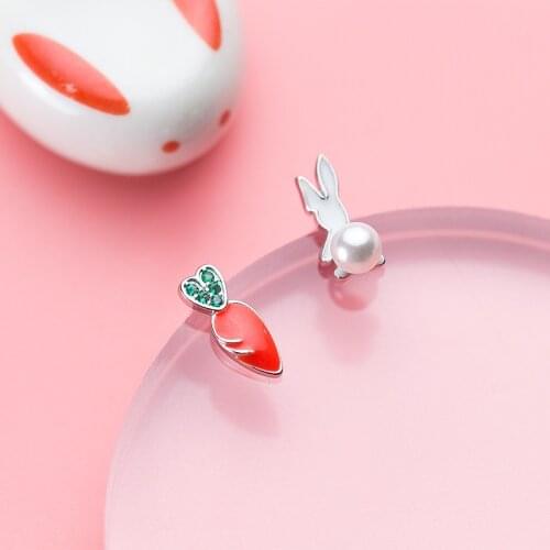 MloveAcc New Arrival Asymmetry Earrings Real 925 Sterling Silver Carrot Rabbit Stud Earrings Ear Jewelry for Women Girls