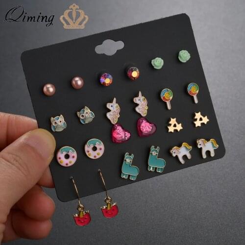 12 Pairs Lovely Baby Earrings Set For Women Kids Everyday Children Jewelry Lollipop Unicorn Donut Owl Crystal Stud Earrings