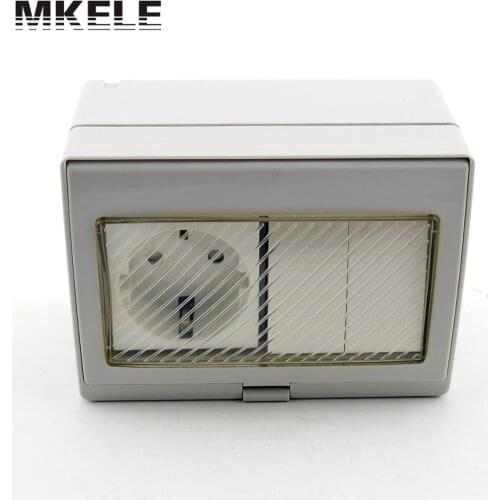 MK-SBSR2S hot sale 16A 250V rainproof outdoor wall mount switch box, 2 Gang mini waterproof push button switch with socket