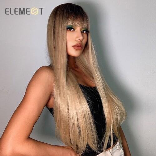 Element High Temperature Synthetic Ombre Blonde Wig Long Silky Straight Cosplay Wigs with Bangs for White/Black Women