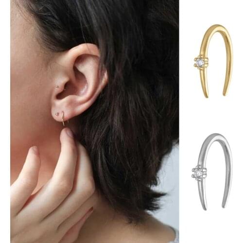 Simple silver jewelry single stone clear CZ horn earring 925 sterling silver dainty delicate silver ear pin