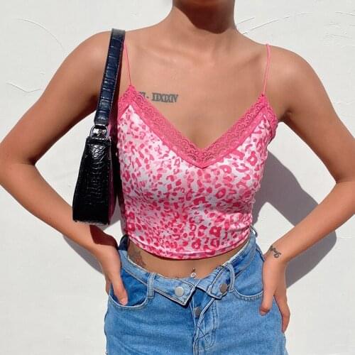 Pink Patchwork Lace Edge Leopard Tank Top Women Sleeveless Sexy Party Clubwear V Neck Rave Streetwear Crop Top Harajuku