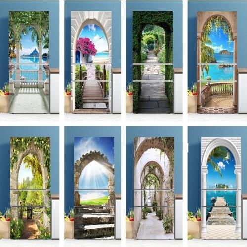 3D PVC Wallpaper For Door Self-Stick Vinyl Arch Scenery Fridge Sticker Kitchen Decor Waterproof Wall Decals Furniture Refurbish