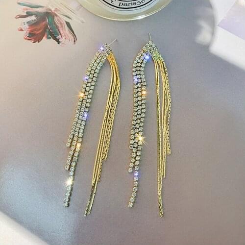 Super Shiny Diamond Set Light Luxury Tassel Earrings Long Style for Women Ear Pendant All-match Ear Stud Party Gift