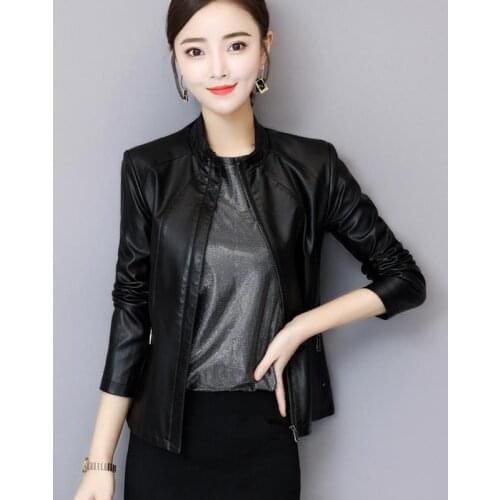 2021 Autumn Winter Ladies Pu Leather Jackets Women Stand Collar Zipper Slim Short Black Red Moto & Biker Jacket Female Y487