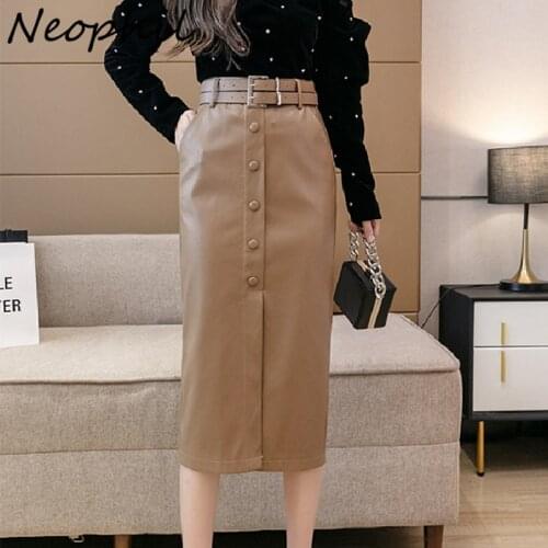 Neophil Women Bodycon PU Faux Leather Pencil Skirts With Belt Button 2021 Autumn Winter Slim Office Ladies Midi Hip Skirt S21860