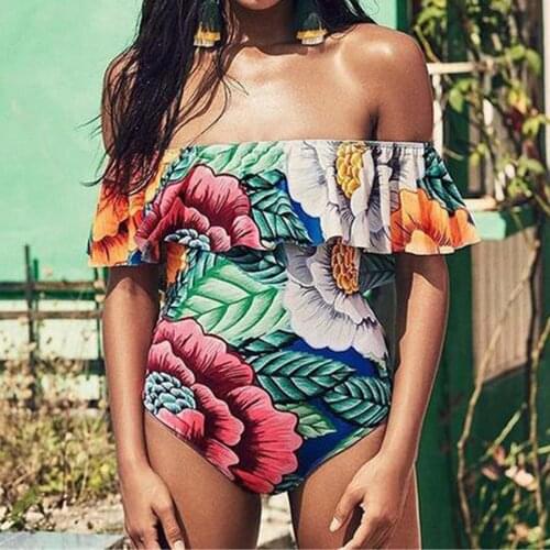 Womens Sexy Peony Flower Print Ruffle One Shoulder Split Swimsuit Bikini Bathing Suit Women Bikini Set Swim Suit Swimwear