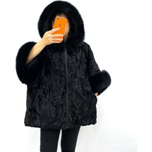 Winter Women Real Karakul Fur Poncho Big Size Coat Natural Fox Collar Bat Sleeve Loose Warm Fashion Style Can Be Customized
